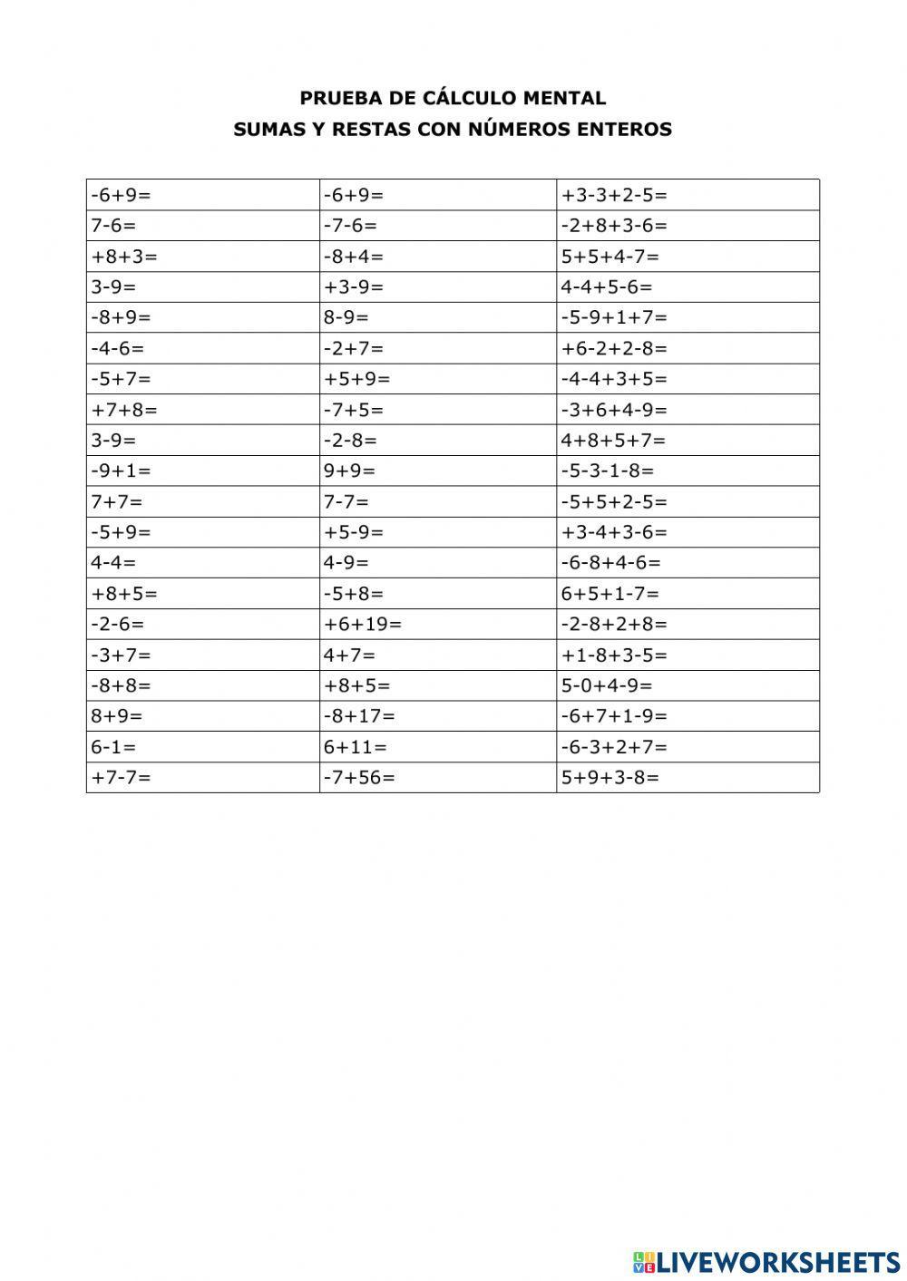 Prueba de cálculo mental. Sumas y restas de números enteros (Nivel 2)