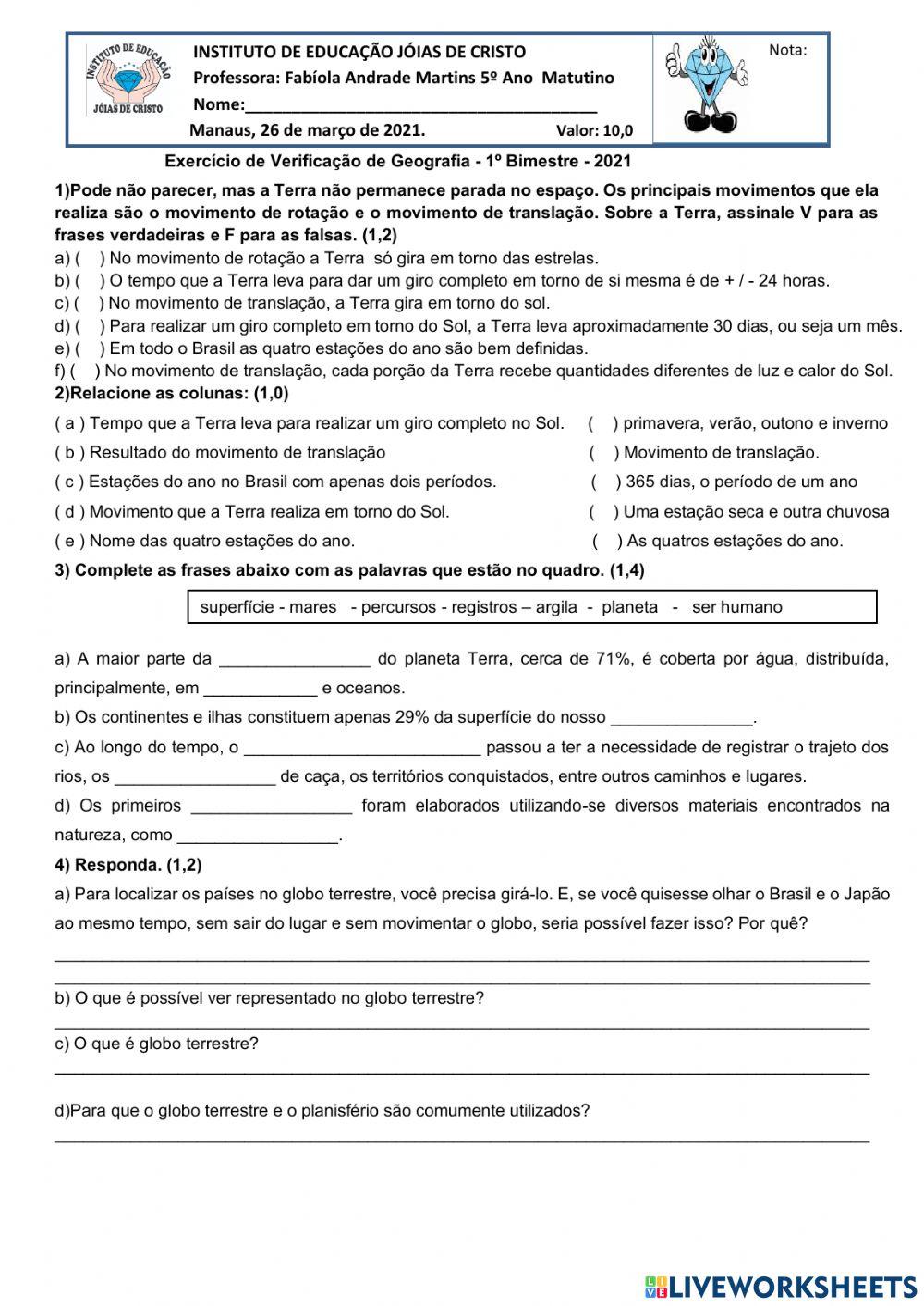 Avaliação de Geografia