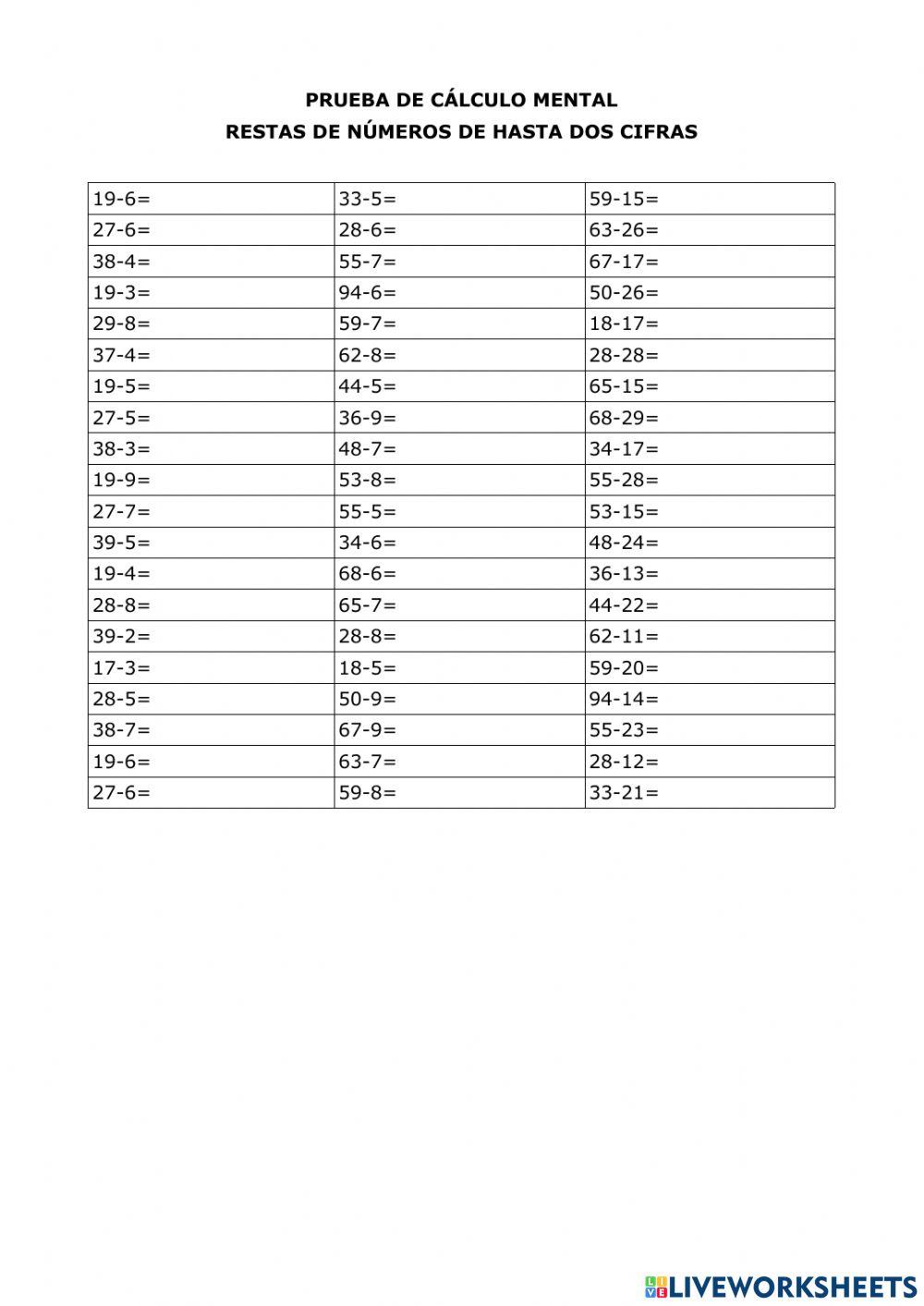 Restas de números de hasta dos cifras