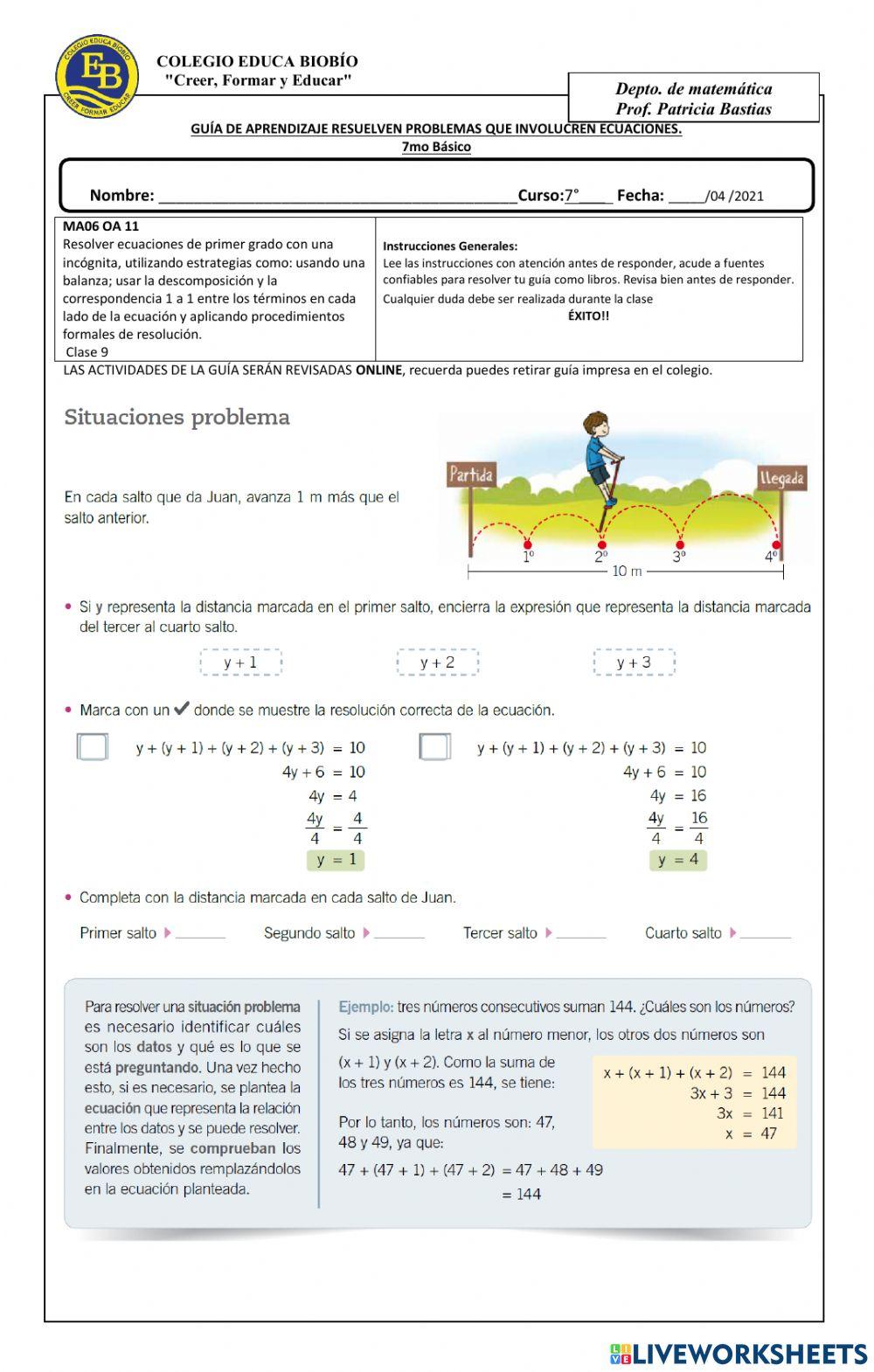 Guía 9  7° resuelven problemas que involucren ecuaciones