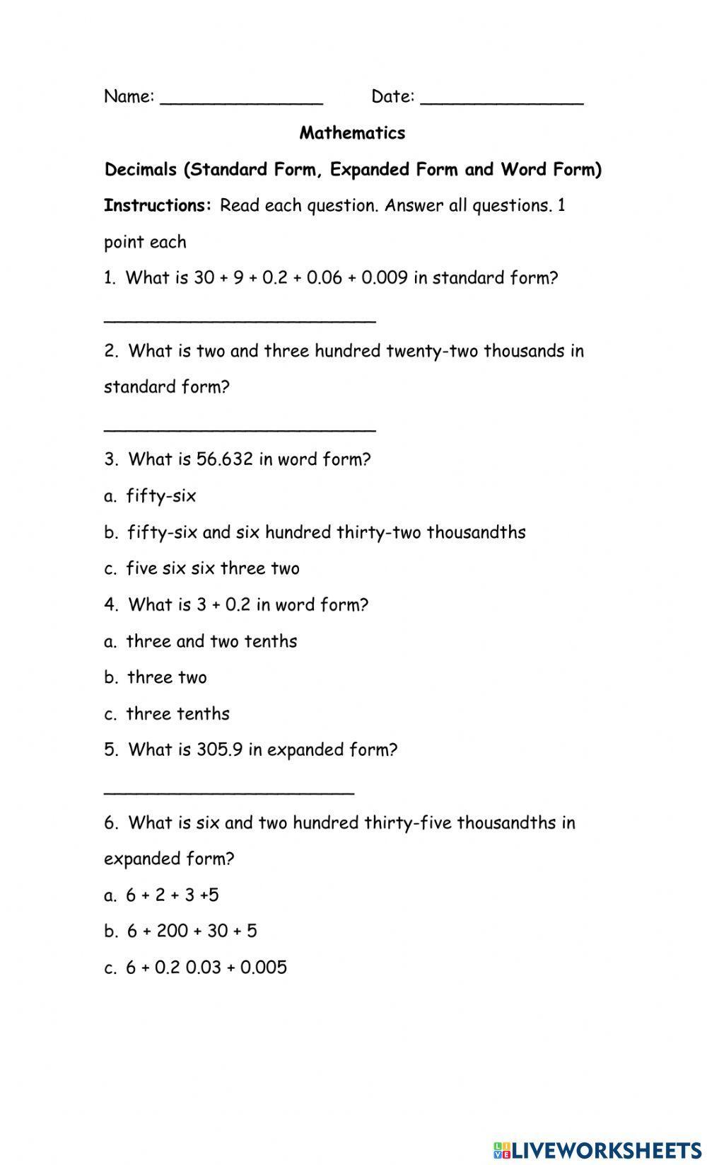 Decimals Thousandths Standard Expanded and Word Form