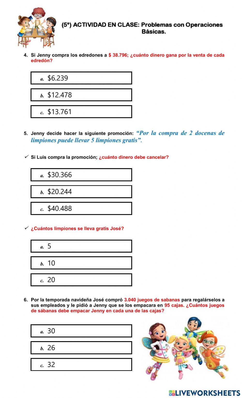 MATEMÁTICAS. Problemas con Números Naturales 5°.