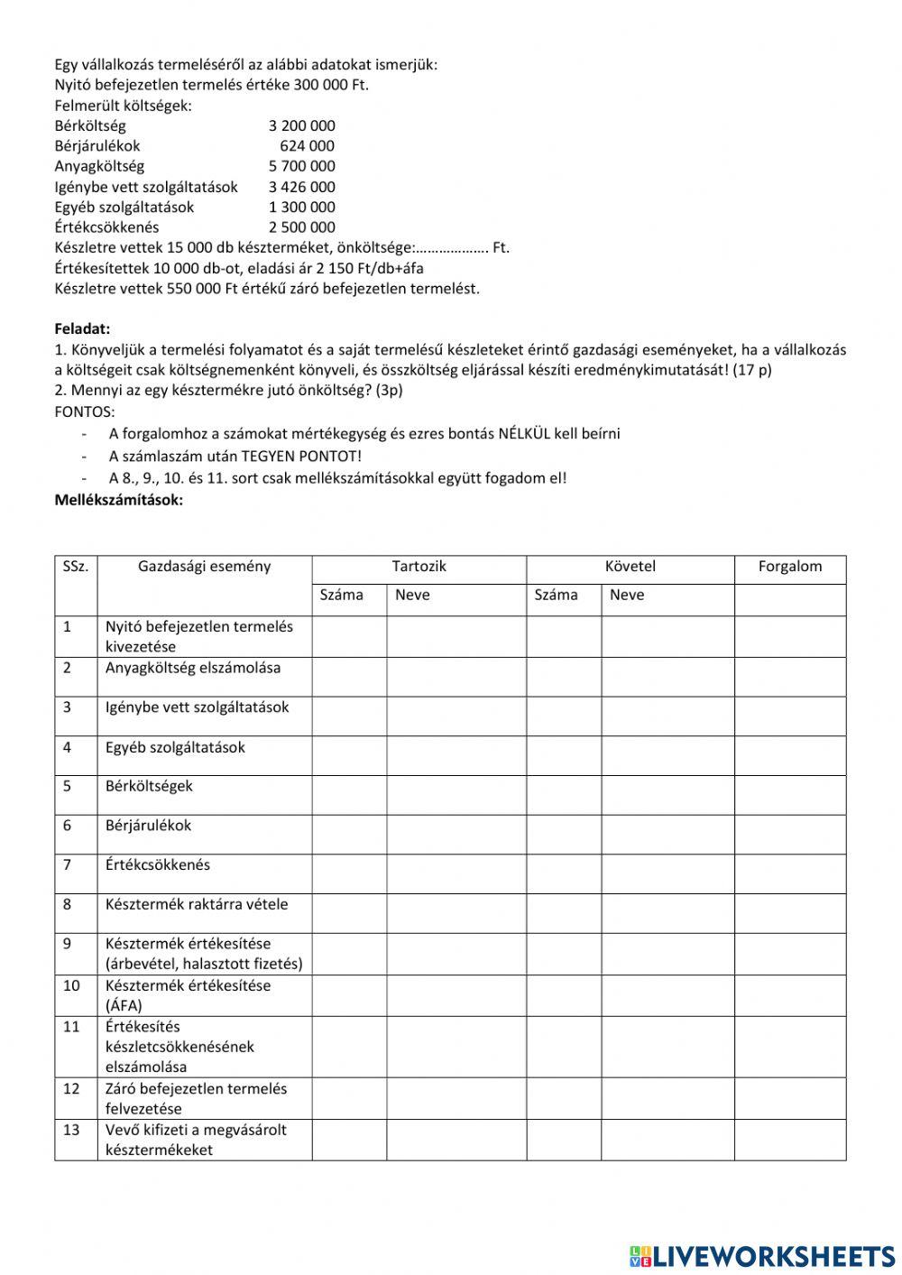 Saját termelésű készletek könyvelése