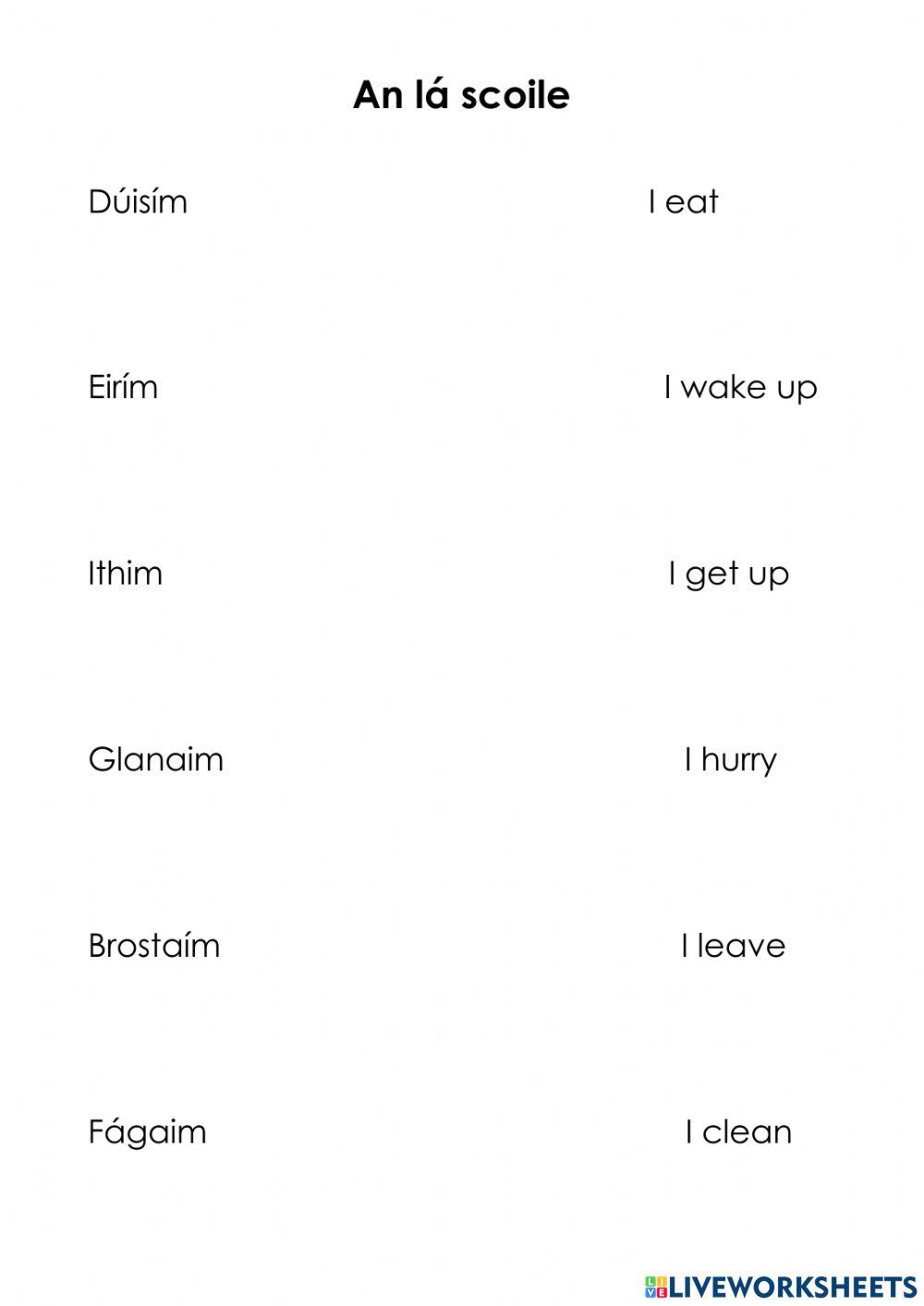 An lá scoile: Briathra