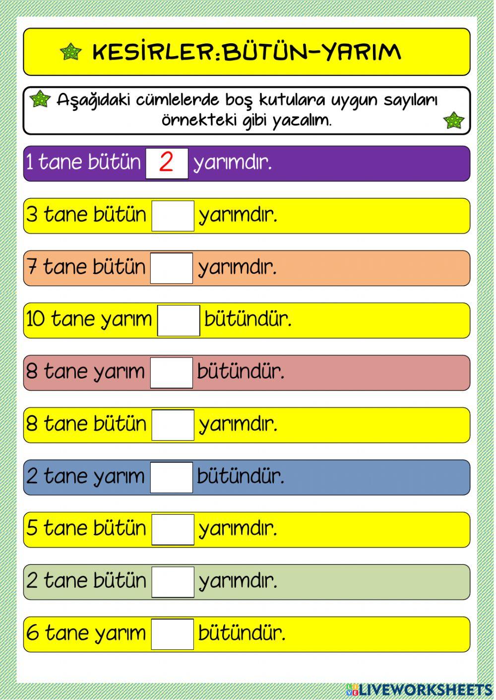 Kesirler:Bütün-Yarım