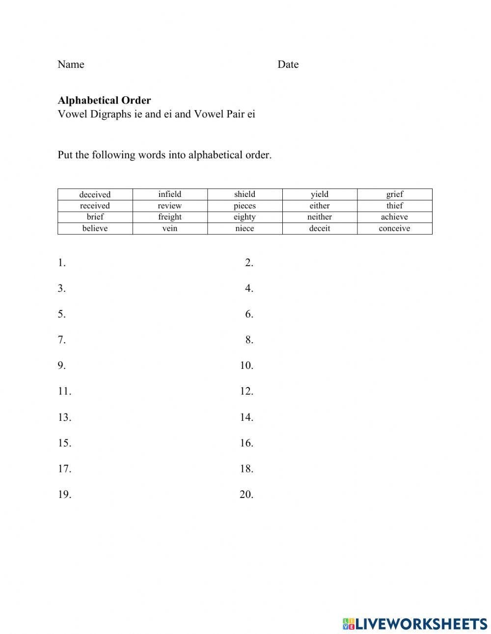 Spelling Alphabetical Order Vowel Digraphs ie and ei and Vowel Pair ei