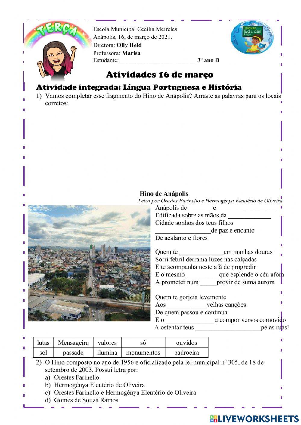 Atividade Língua Portuguesa e História -  16 de março