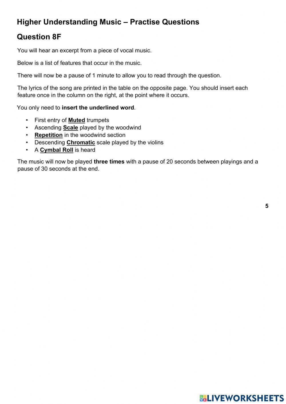 Higher Music UM Practise Question 8F