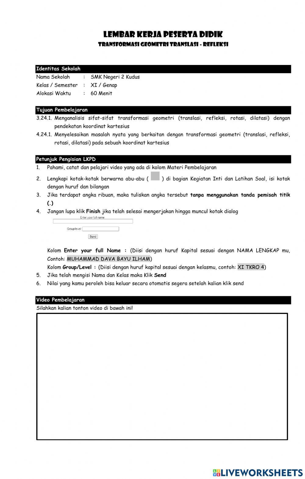 LKPD Translasi dan Refleksi