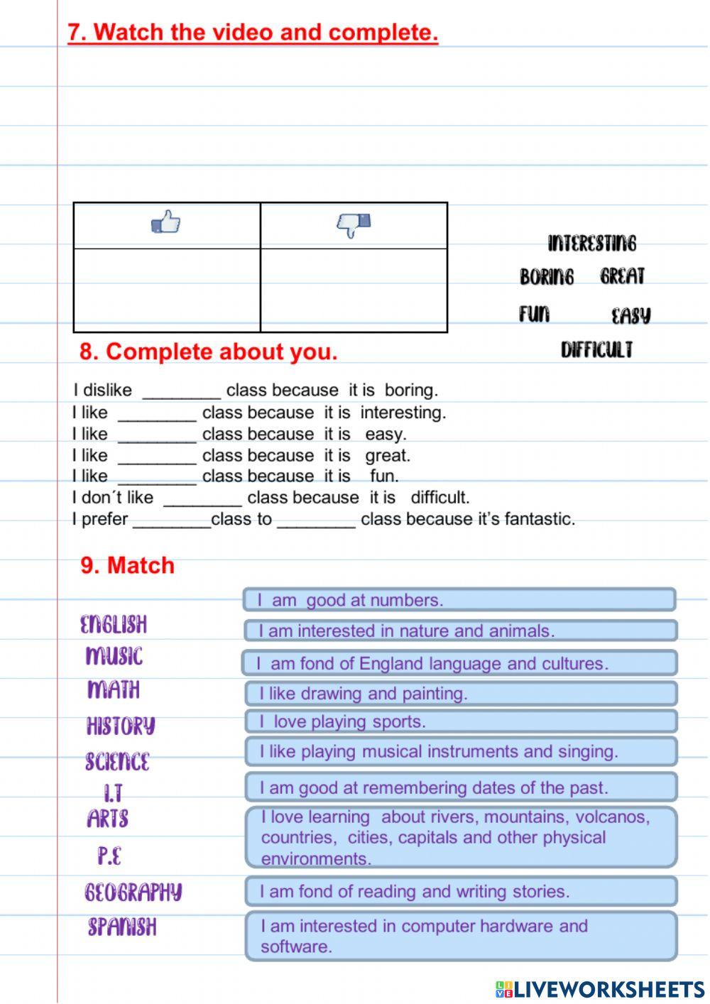 Likes  and dislikes about school subjects