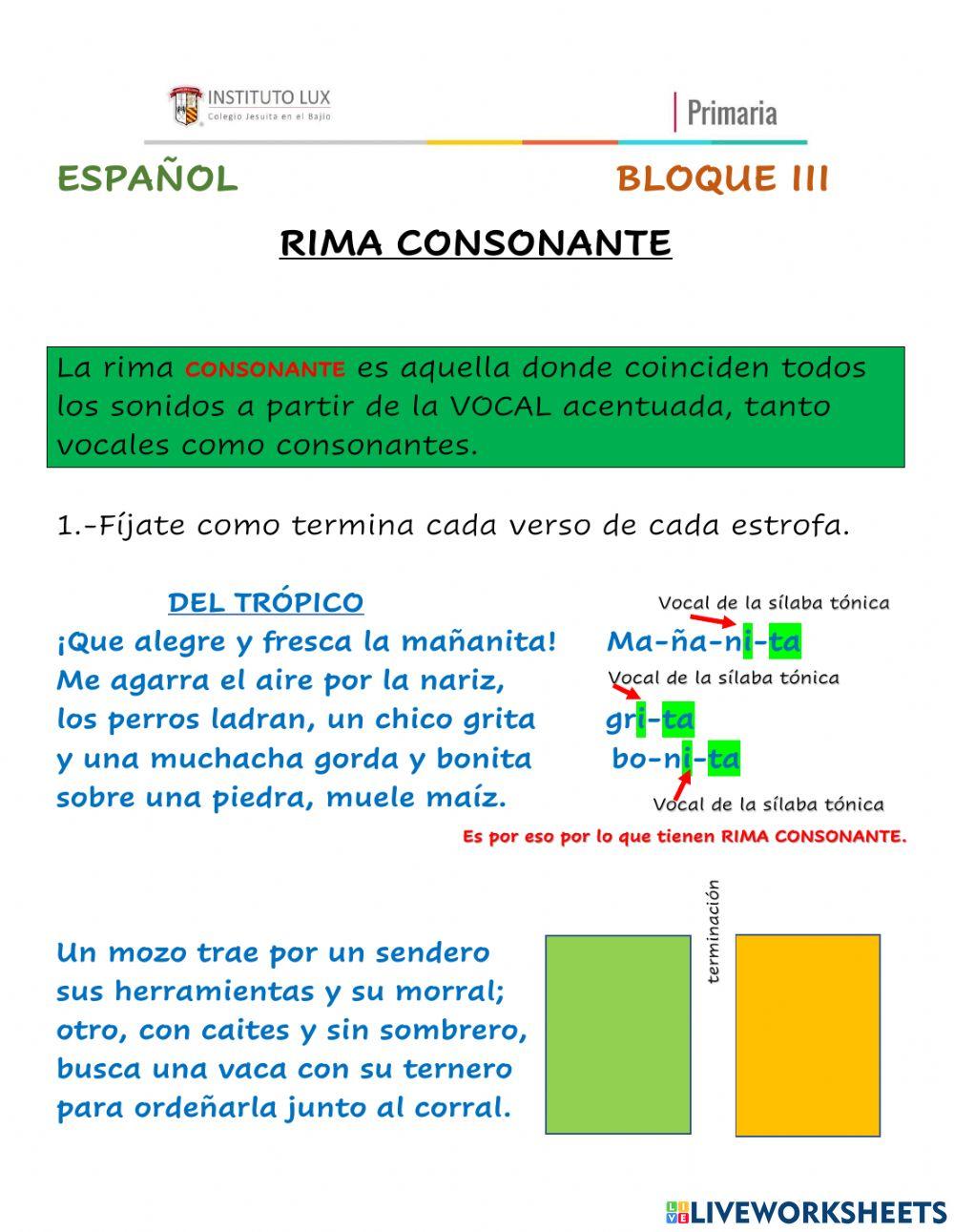 Rima consonante interactive worksheet | Live Worksheets