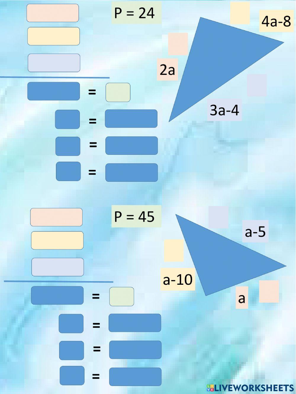 Perímetro de triángulos con expresiones algebraicas.