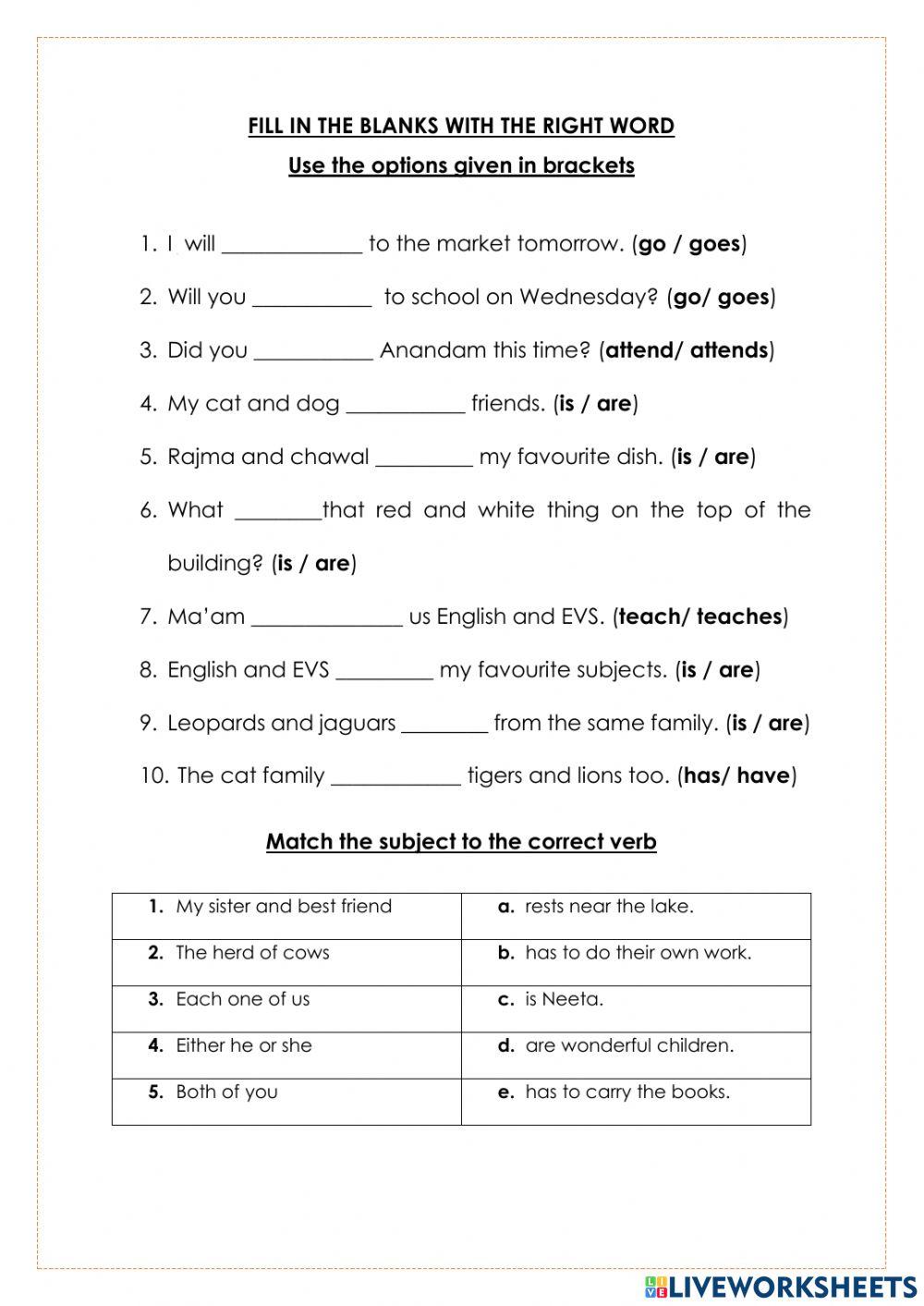 Subject Verb Agreement Online Practice Live Worksheets, 59 OFF