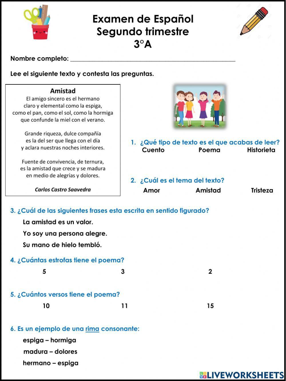 Examen Español II trimestre tercer grado