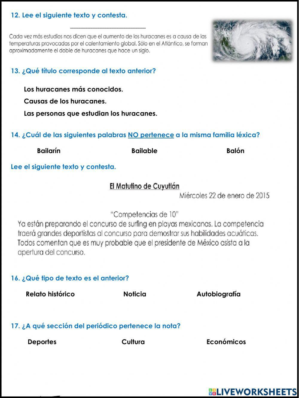 Examen Español II trimestre tercer grado