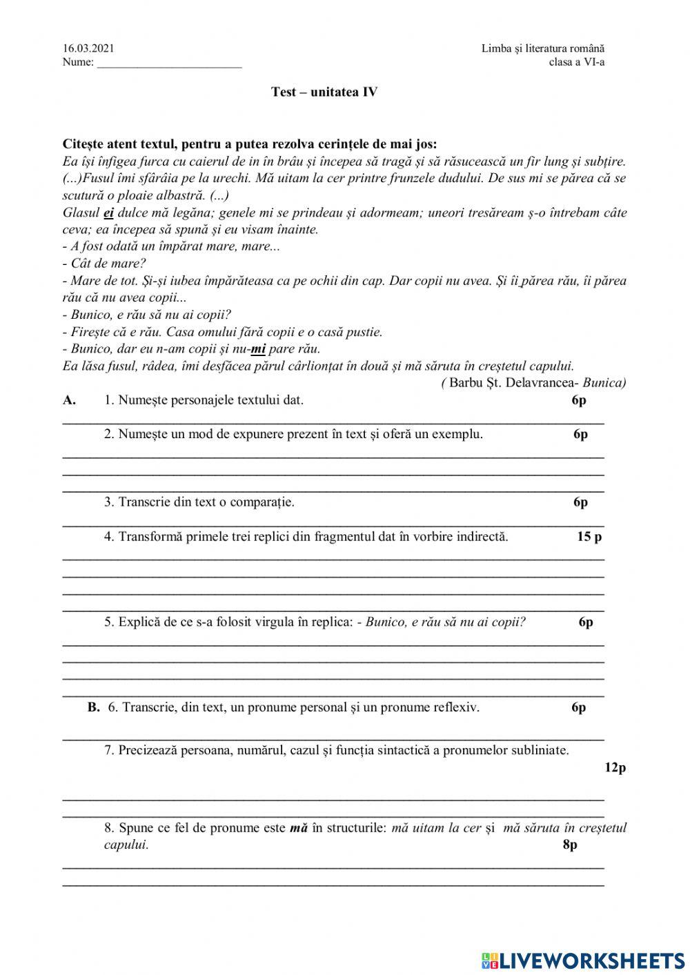Test - cls 6 unitatea IV
