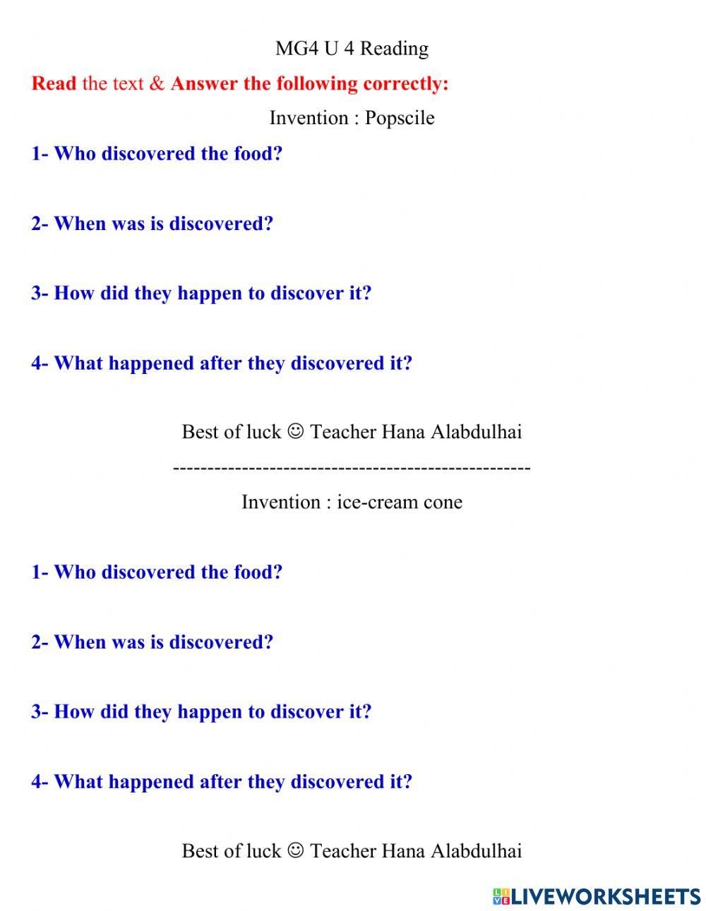 MG4 U4 Reading comprehension Questions