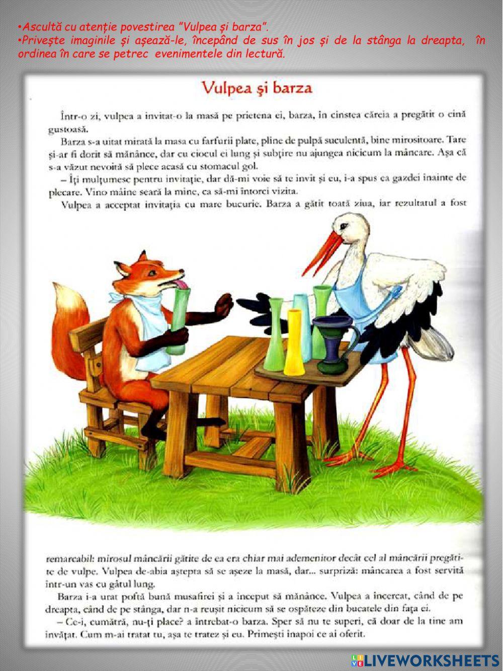 ”Vulpea și barza”- Joc-exercițiu de stabilire a succesiunii evenimentelor