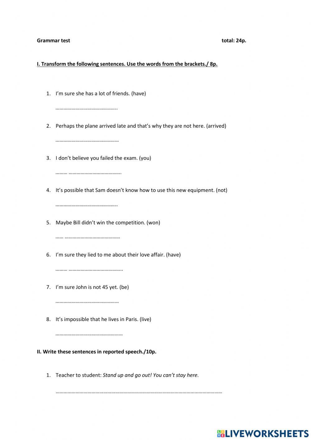 Grammar test: modal verbs, reported speech, relative clauses