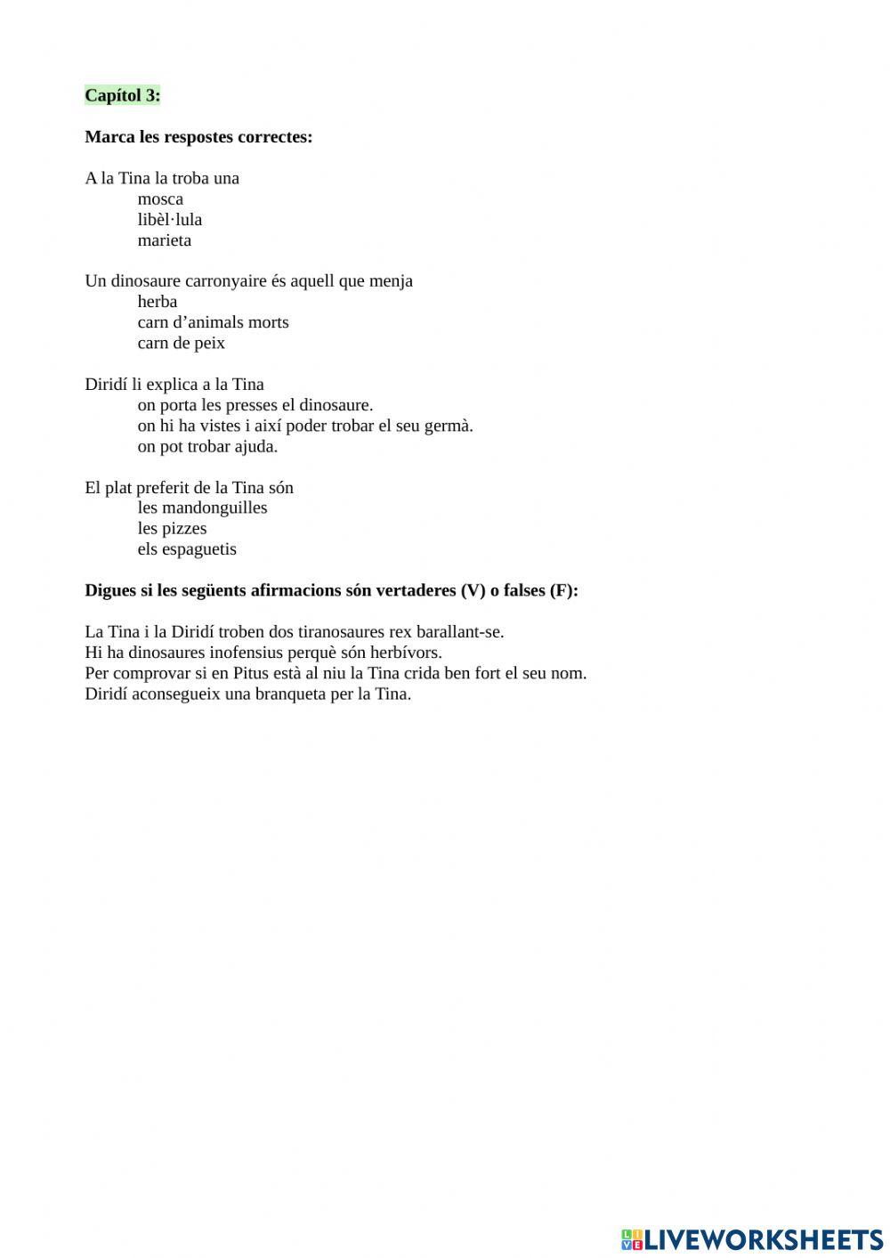 Comprensió lectora Tina Superbruixa i els dinosaures Cap.3