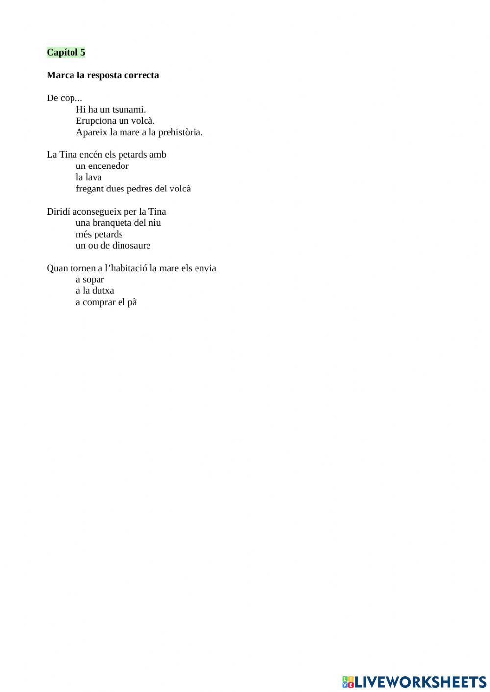 Comprensió lectora Tina Superbruixa i els dinosaures Cap.5