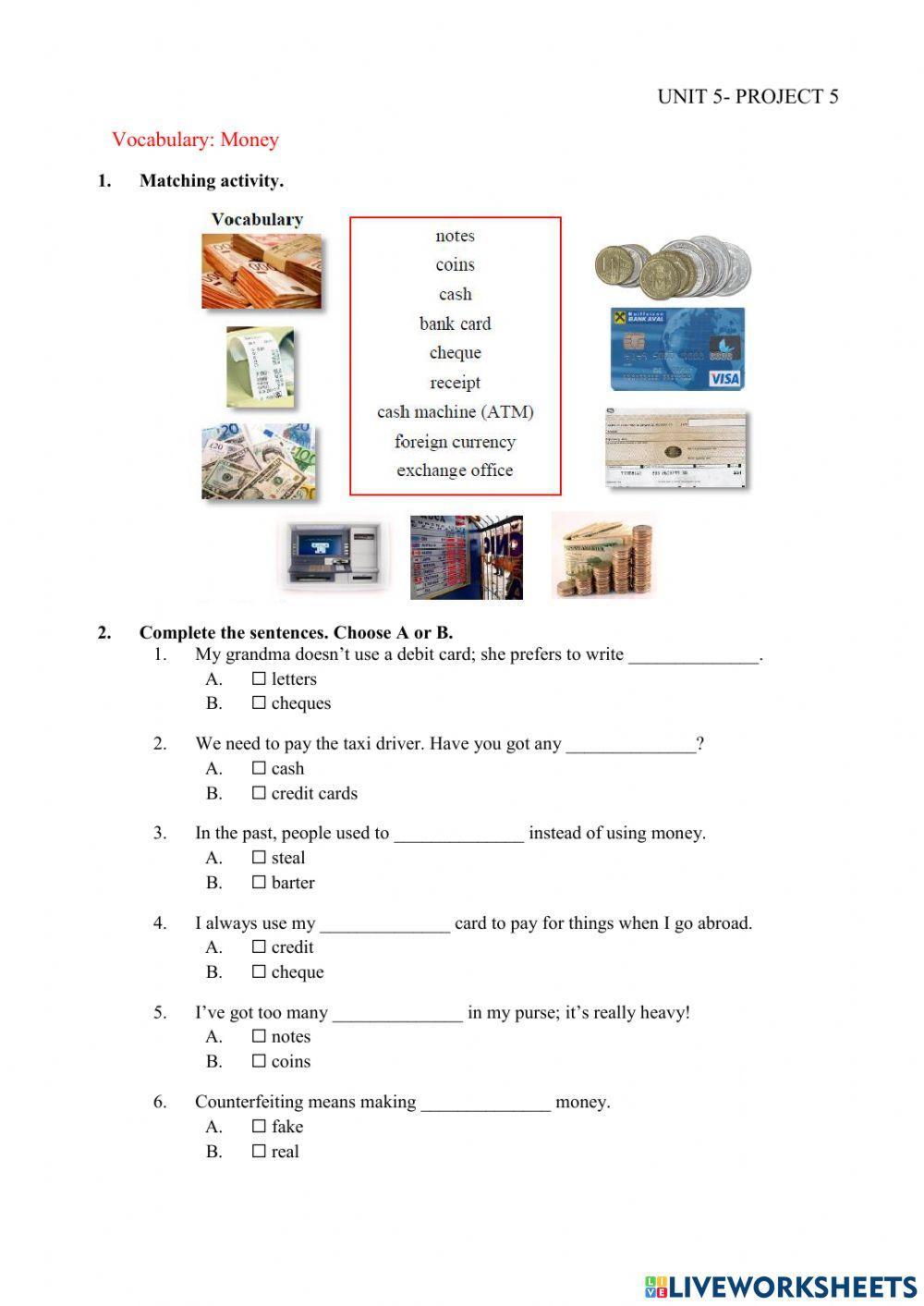 Unit 5: MONEY vocabulary
