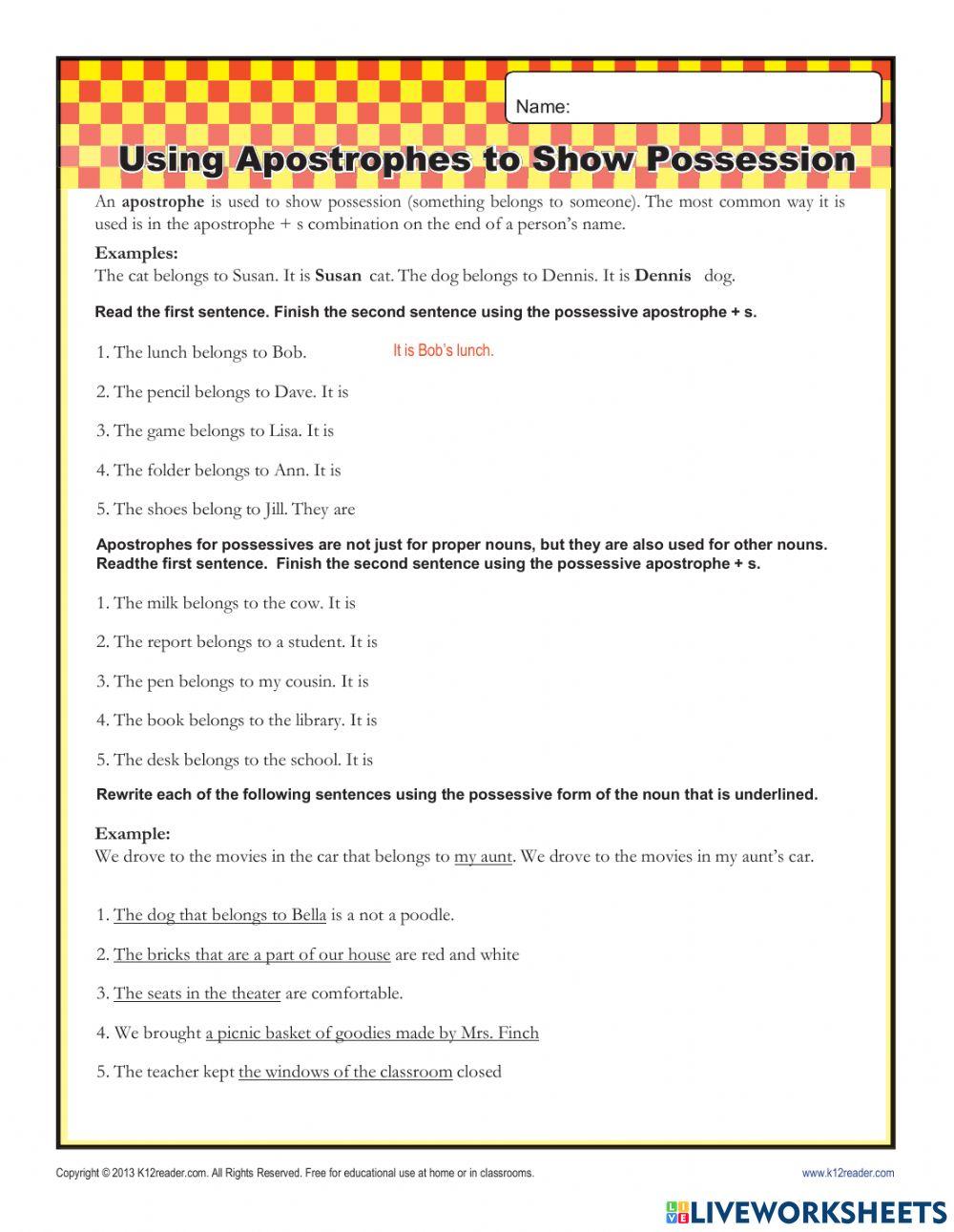 Apostrophe activity | Live Worksheets