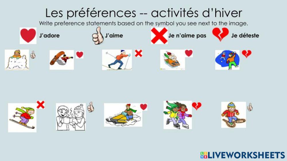 Les préférences:  activités d'hiver