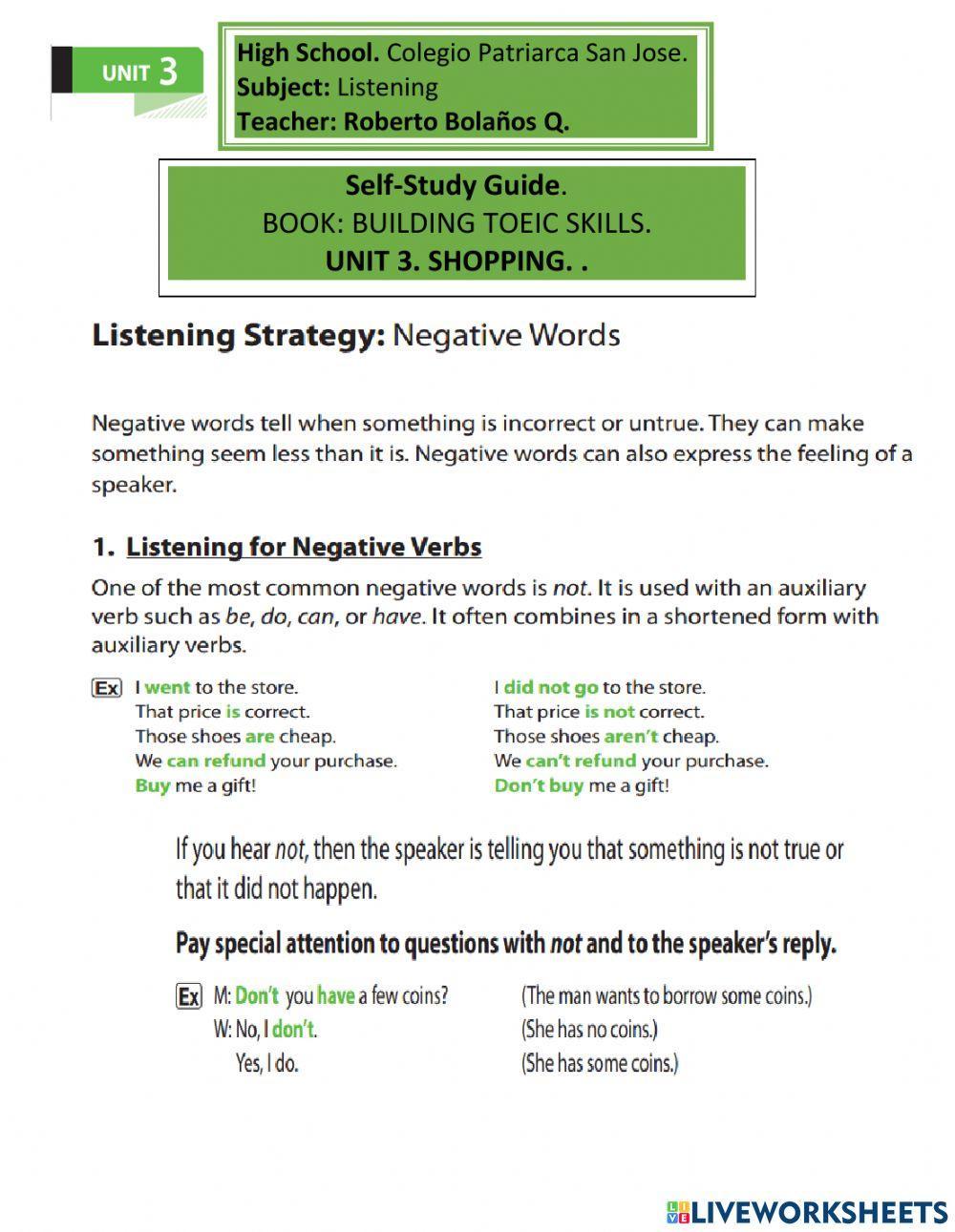 Building, unit 3, listen strategy negative words