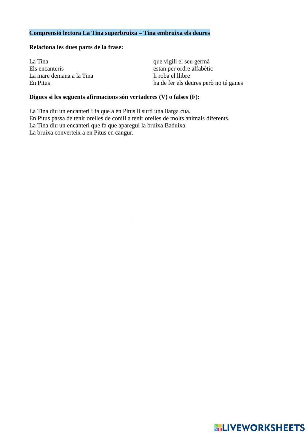 Comprensió lectora Tina embruixa els deures