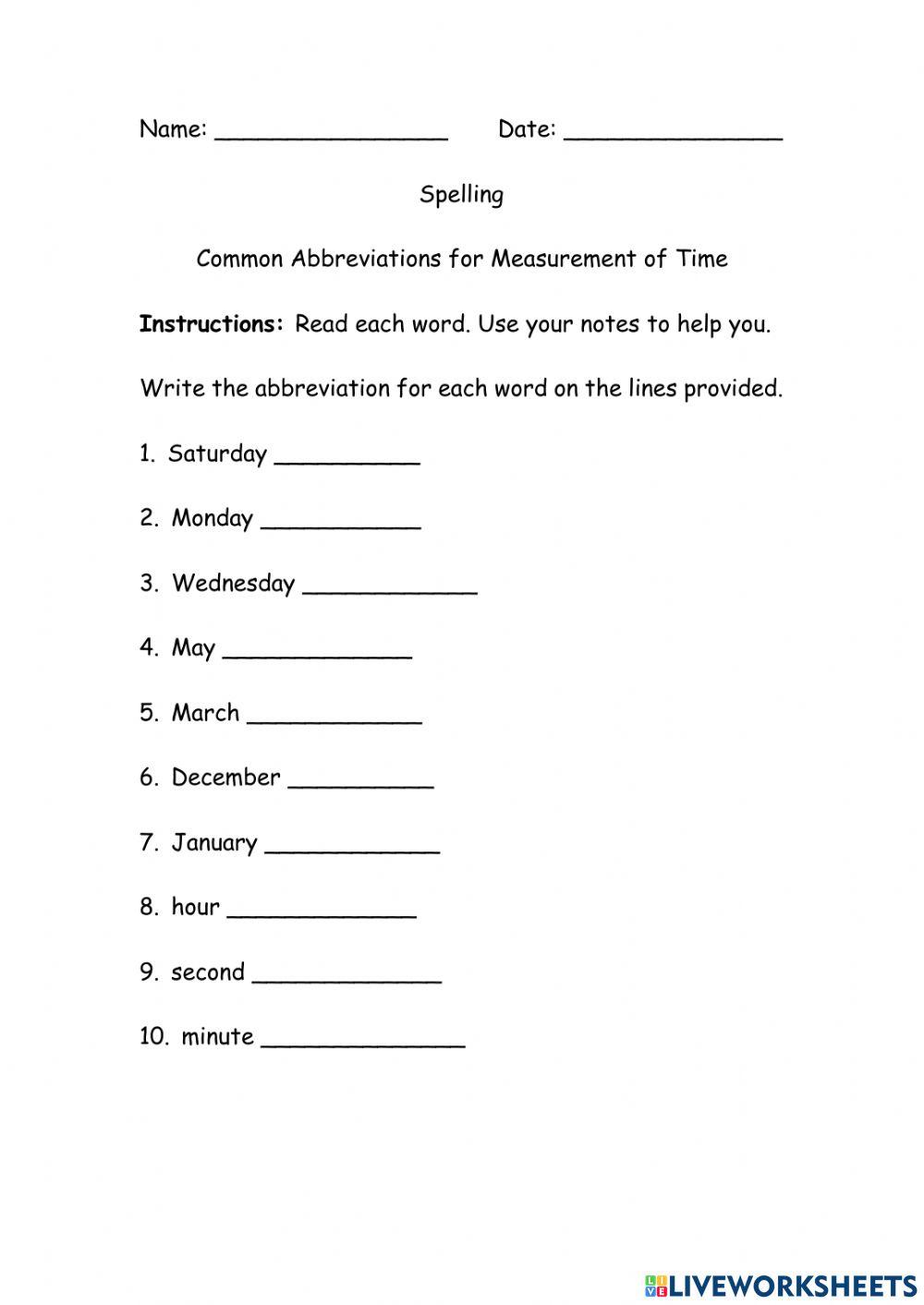Common Abbreviations for Measurement of Time