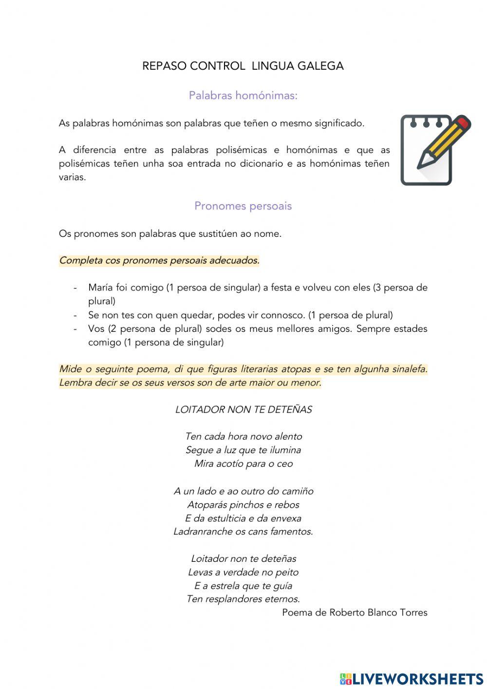 Repaso Lingua Galega (Xénero Lírico, Palabras Homónimas...)