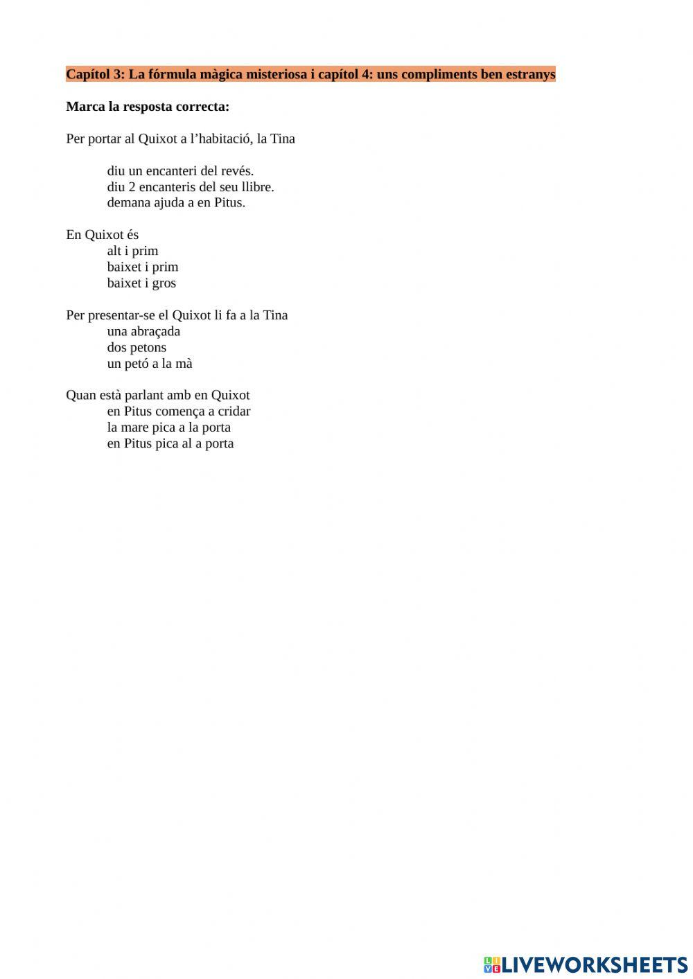 Comprensió lectora Tina Superbruixa - El cavaller tocat de l'ala Cap.3i4