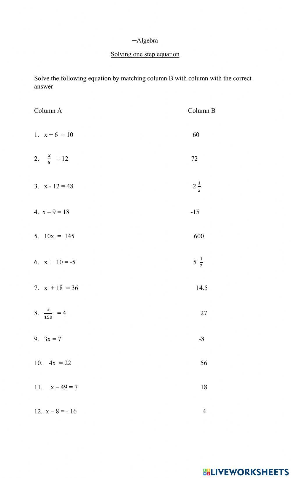 Algebra one step equation