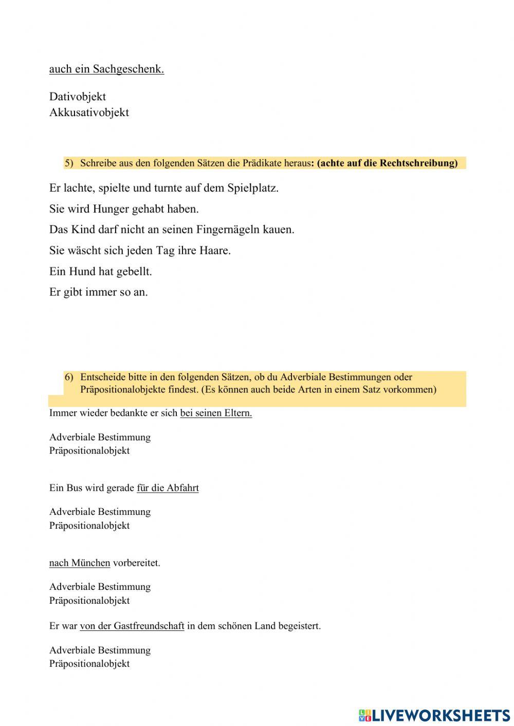 Satzglieder mit Gitterrätsel