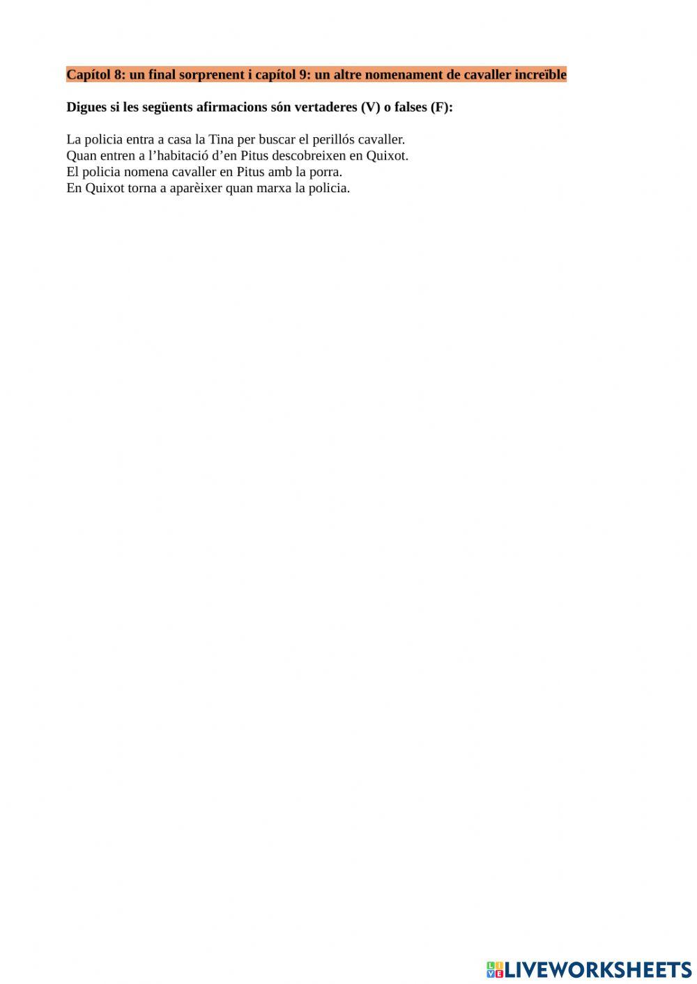 Comprensió lectora Tina Superbruixa - El cavaller tocat de l'ala Cap.8i9