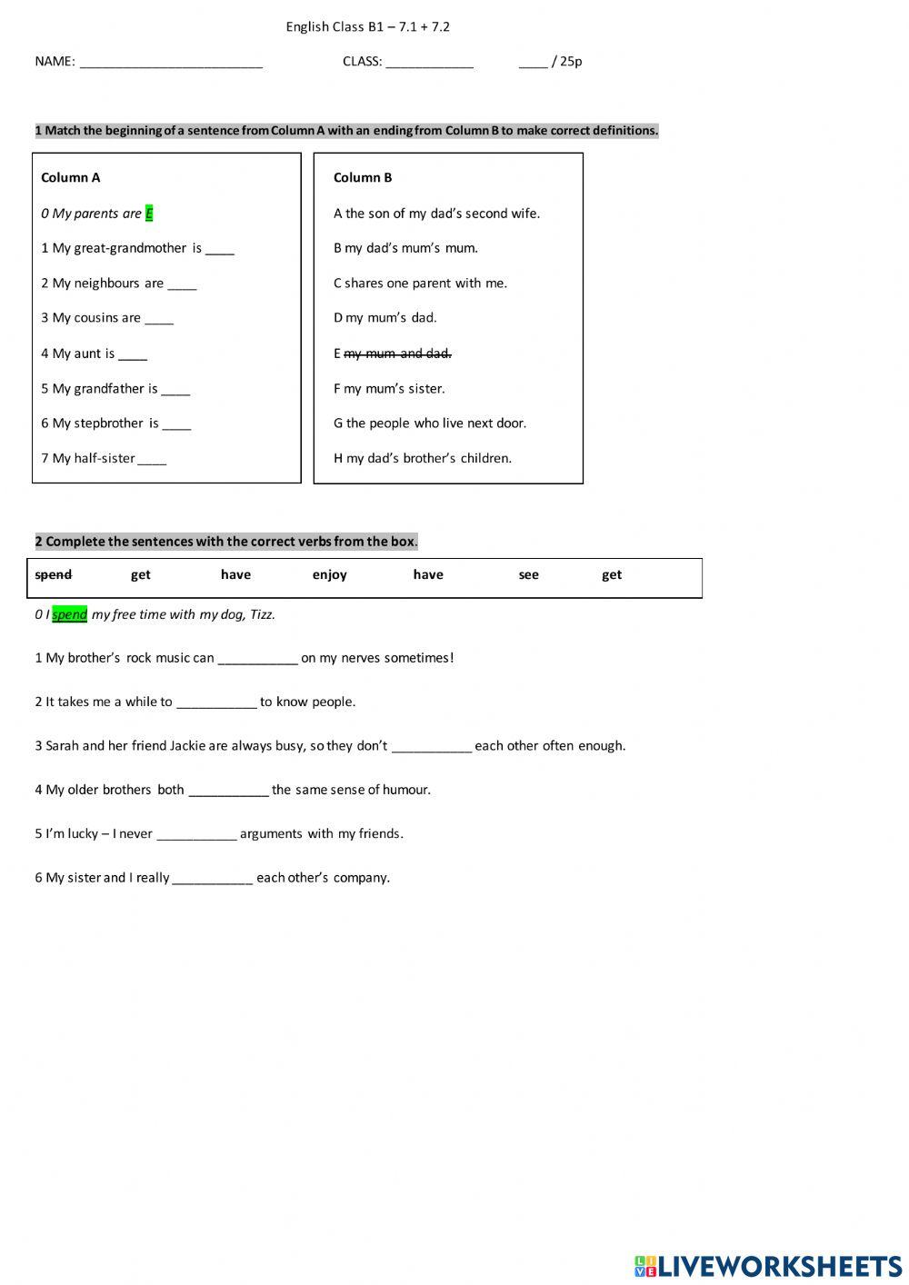 English Class B1 - 7.1 - 7.2 online exercise for | Live Worksheets