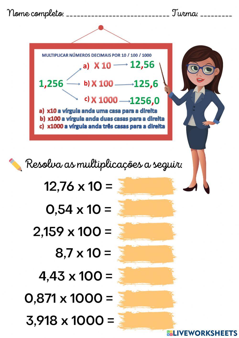 Multiplicação de decimais por 10, 100...