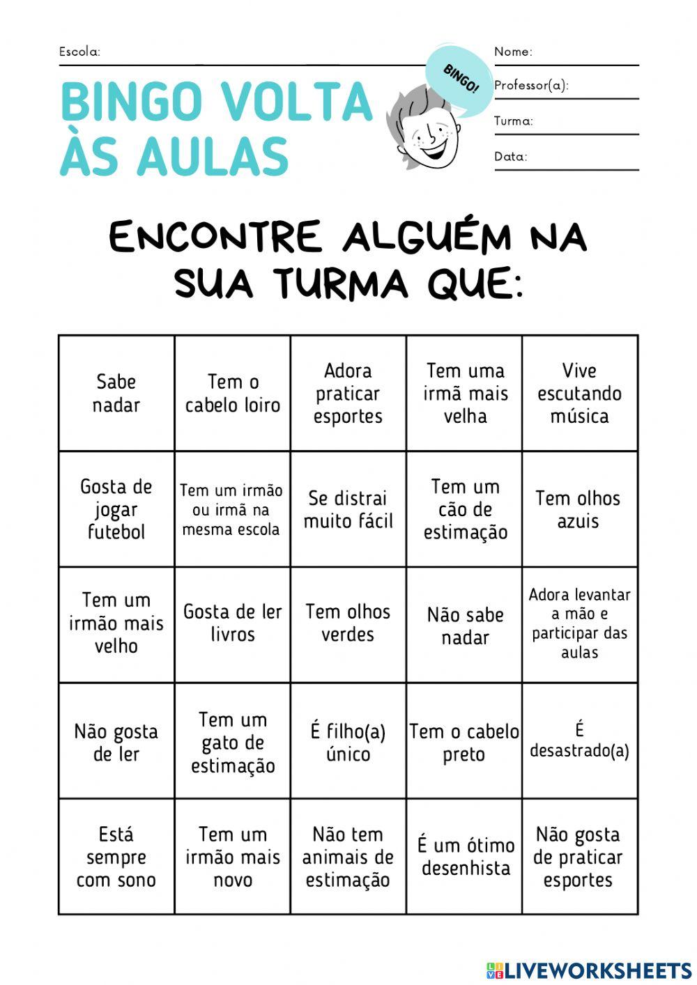 Jogo do bingo com o tema volta às aulas 2022 - Professora Carolina