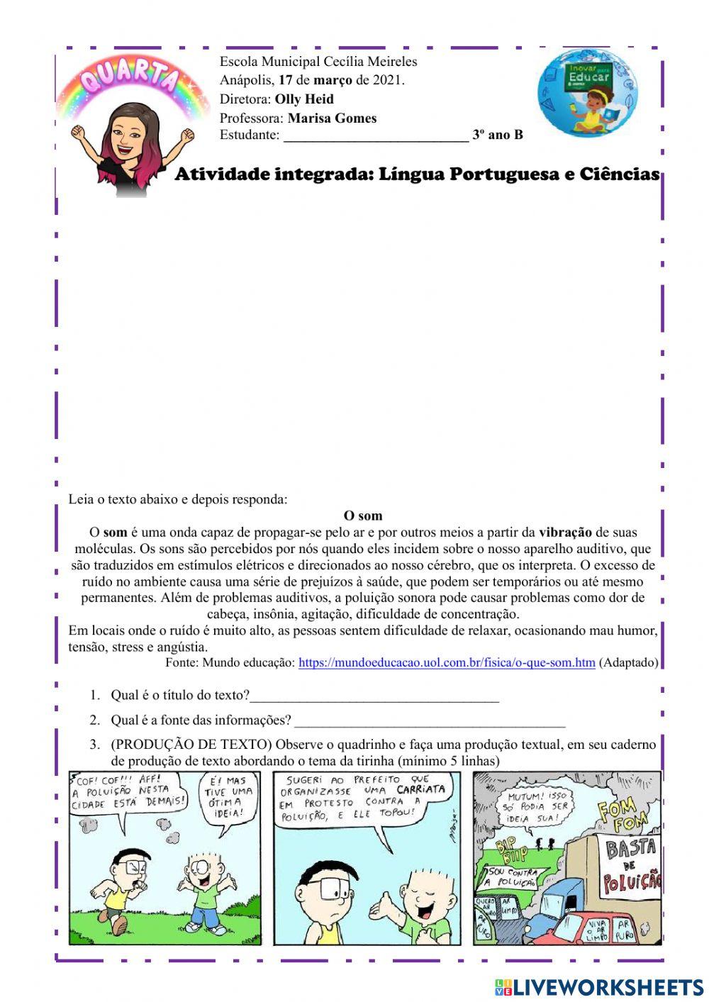 Atividade integrada Língua Portuguesa e Ciências