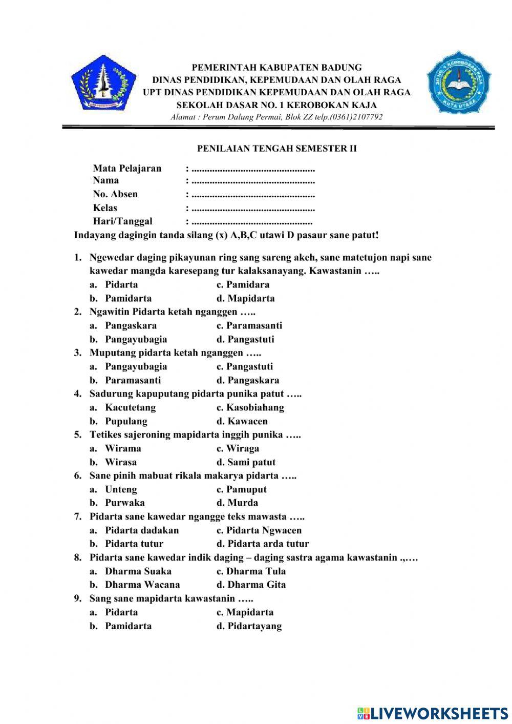 Ulangan Tengah Semester Bahasa Bali