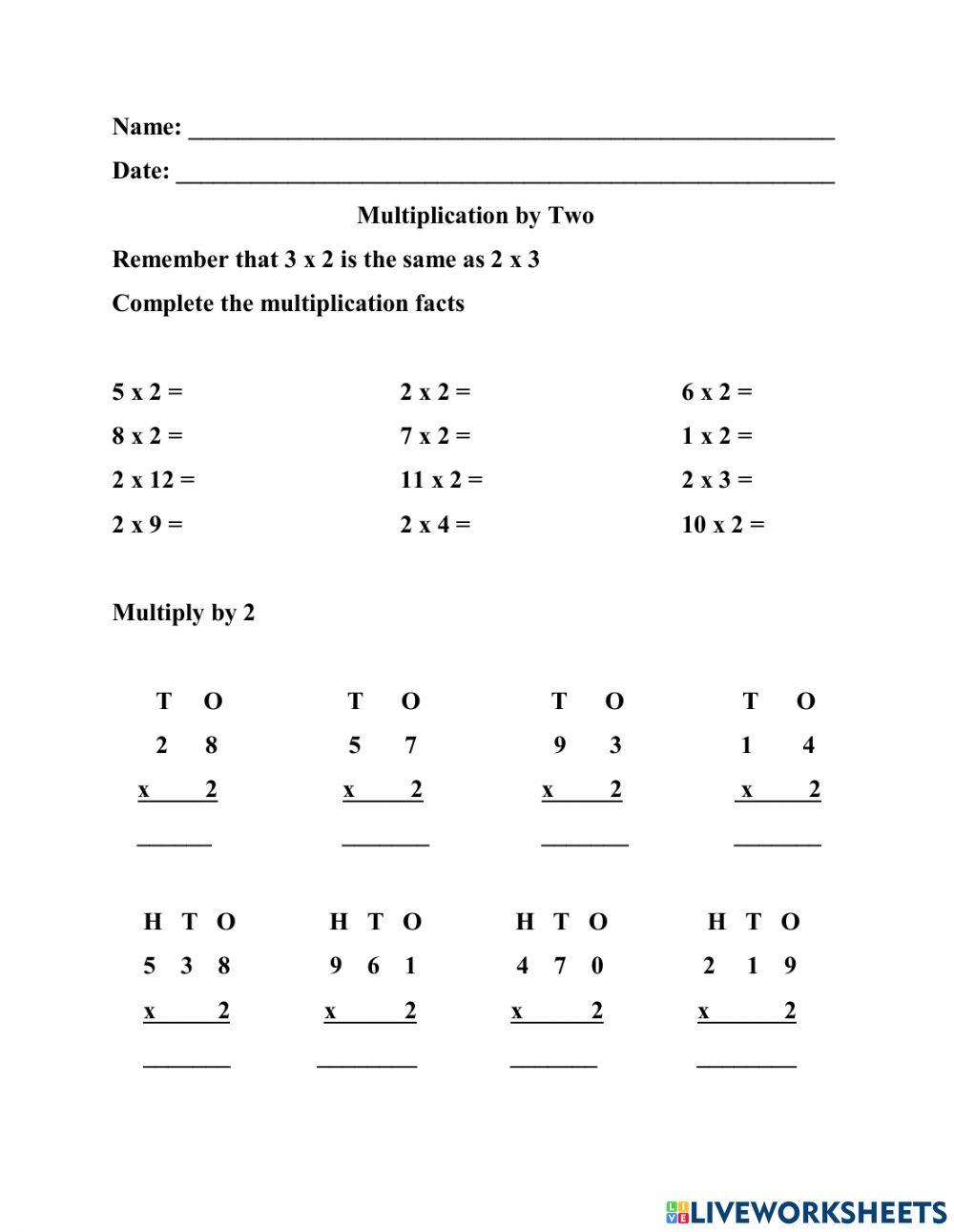Multiplication by 2 exercise Live Worksheets
