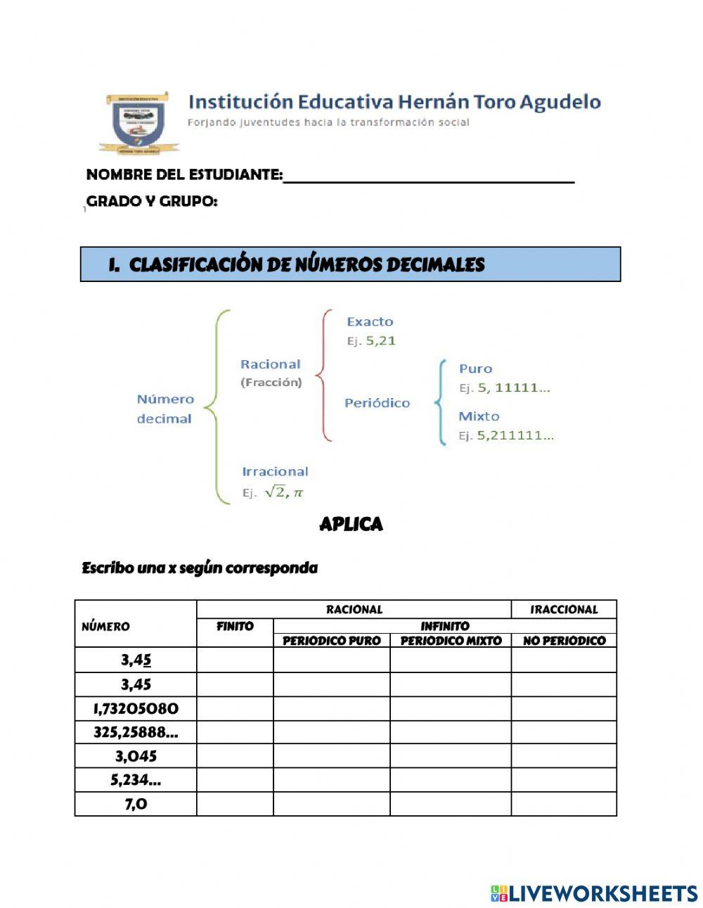 Clasificación de números decimales y conversión a fracción