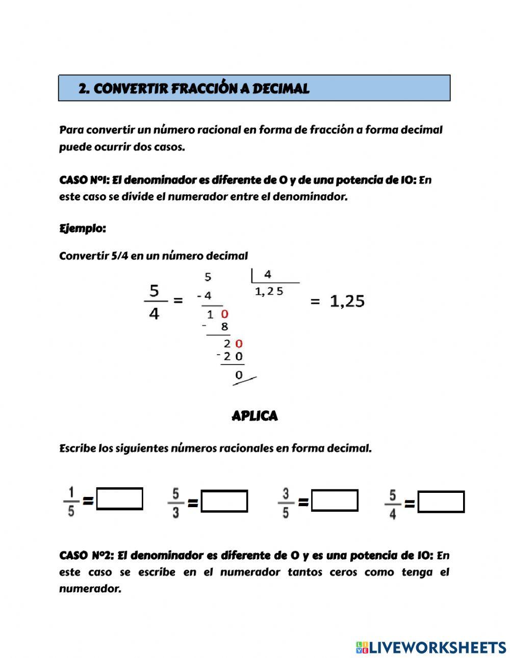 Clasificación de números decimales y conversión a fracción