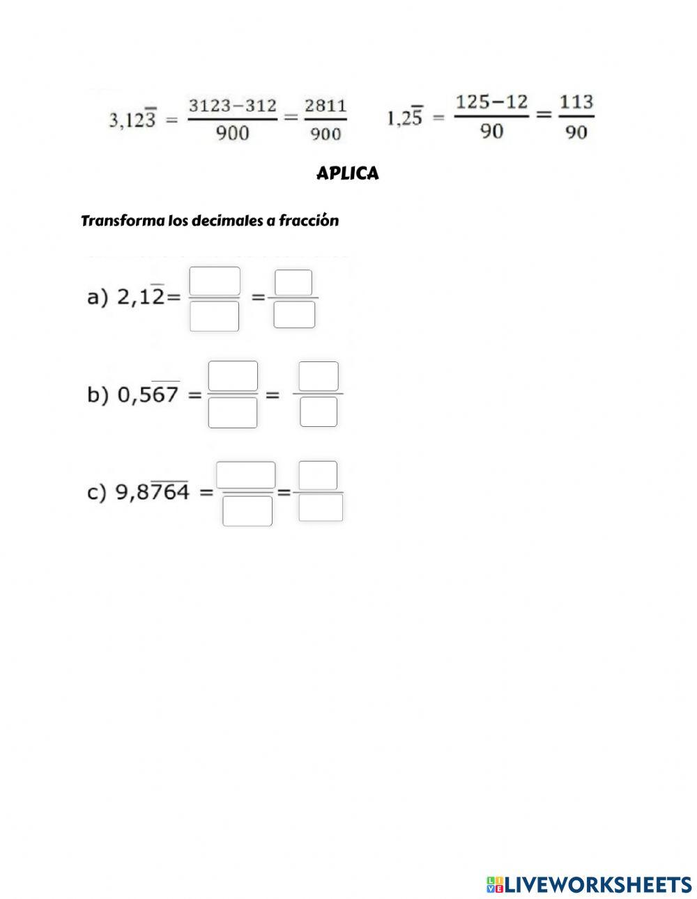 Clasificación de números decimales y conversión a fracción