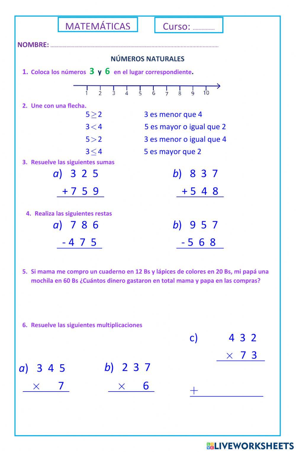 NÚMEROS NATURALES OPERACIONES