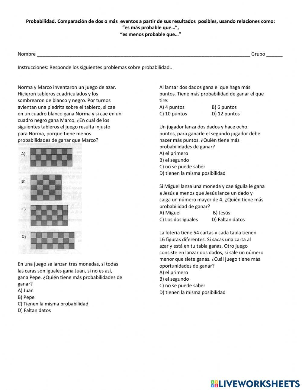 Probabilidad. Comparación de dos o más eventos a partir de resultados posibles