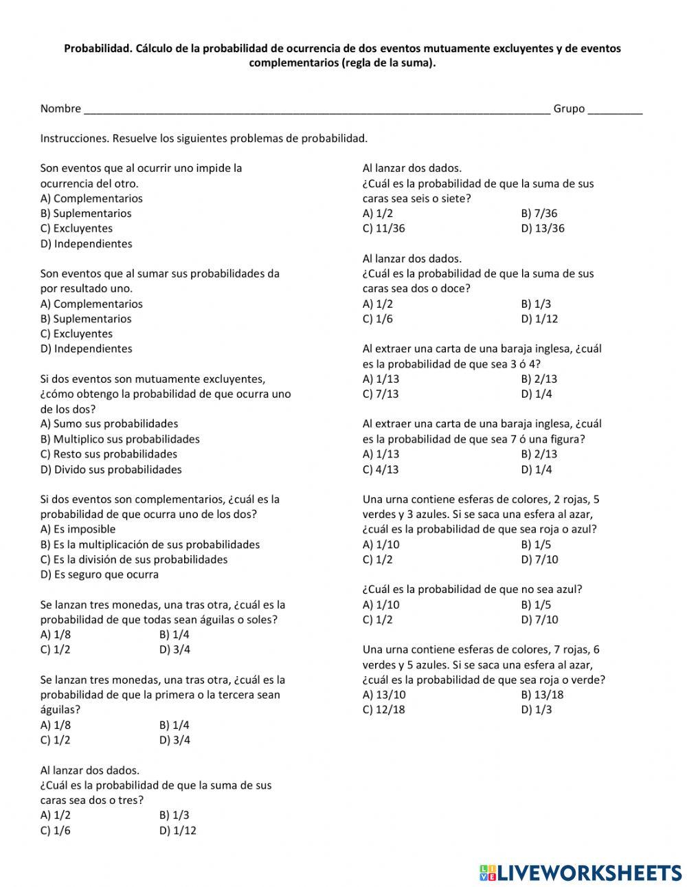 Probabilidad. Regla de la suma