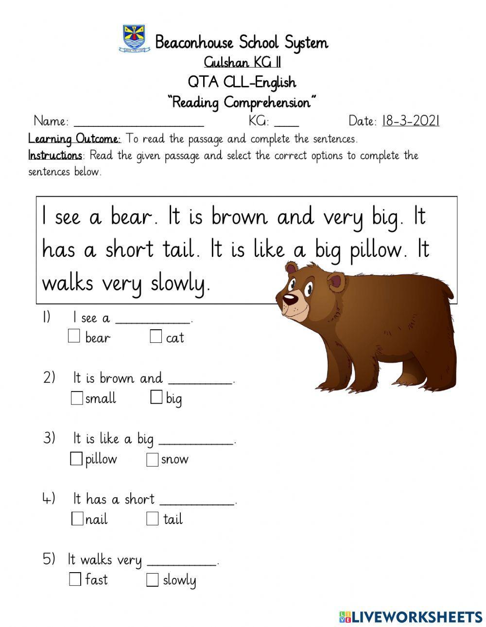 Reading Compreh… | Free Interactive Worksheets | 823647, image size:1000x1291