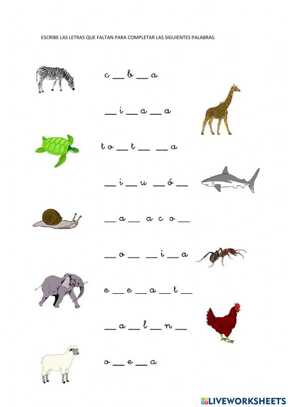 Completar vocabulario de animales